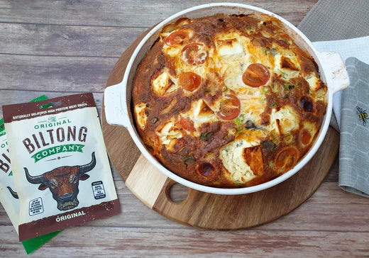 Biltong and three cheese low carb quiche recipe, showing a protein-rich, crustless quiche for healthy meal ideas
