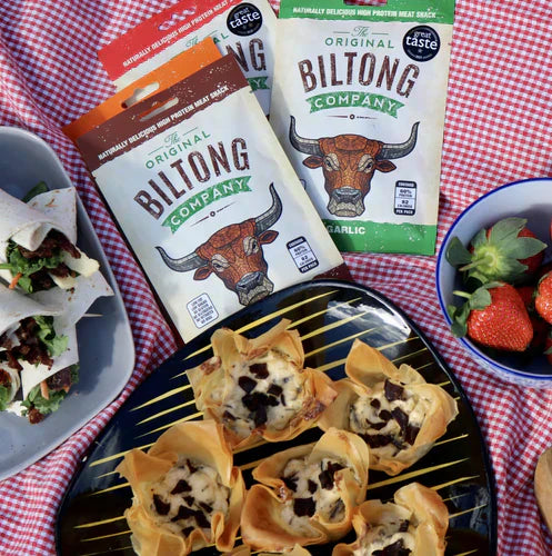 Biltong recipe idea UK: Cream cheese phyllo cups filled with biltong, creating a savoury, flavour-packed snack