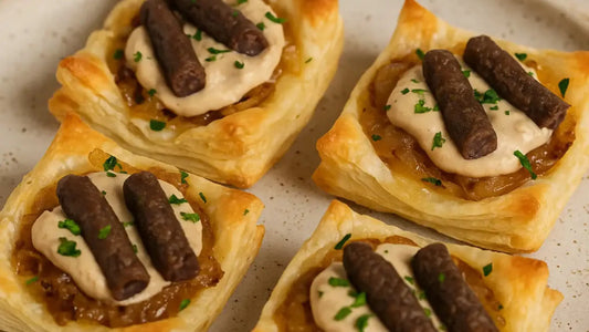 Droewors and caramelised onion tartlets on a plate