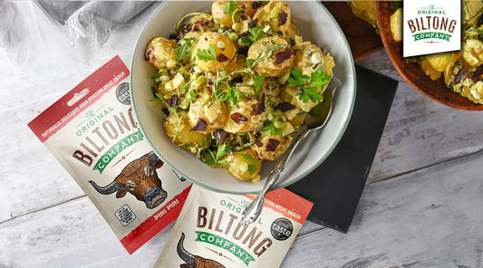 Easy salad recipe UK. Potato and biltong salad, showcasing the final dish with a tasty combination of potatoes and protein-rich biltong