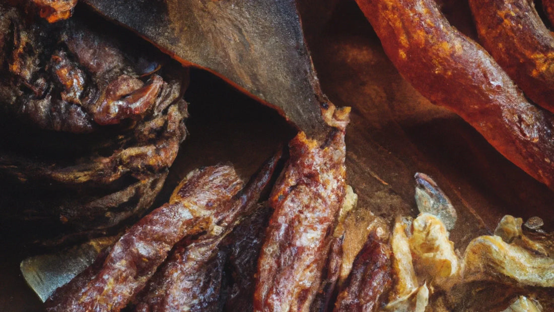 A wooden board with biltong, beef jerky, and bakkwa, showcasing their textures.