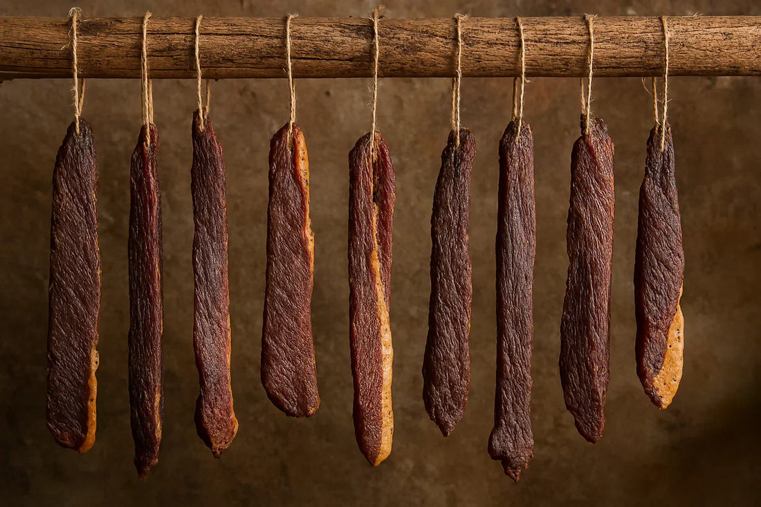 Keto-friendly biltong in the drying stage, a lean low carb meat snack rich in protein and flavour