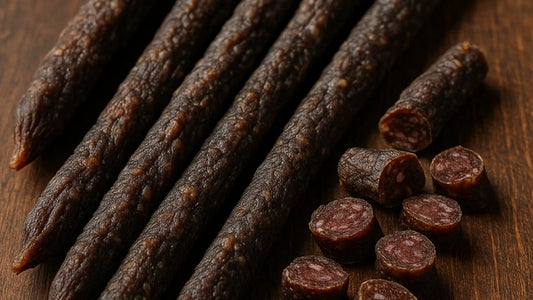 Sliced and whole droewors sticks on a wooden surface, showing texture and cross-section of the dried sausage.