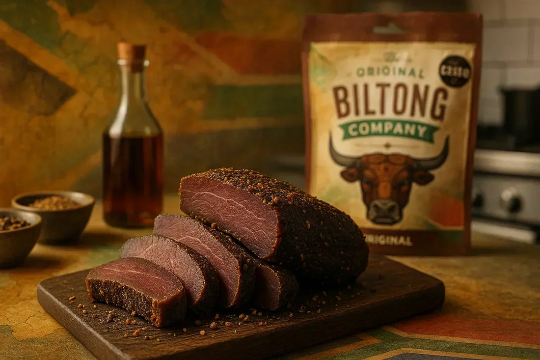 Close-up of sliced biltong on a wooden board with spices.