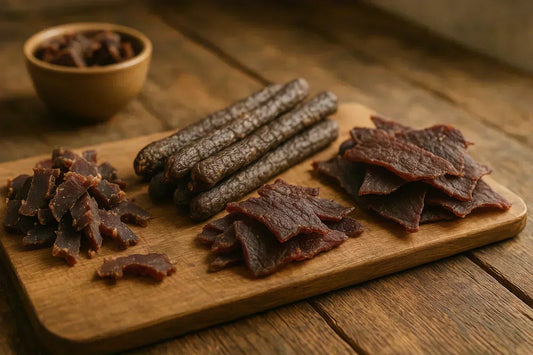 Biltong, droewors, and jerky arranged on a wooden table